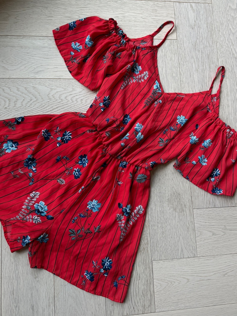 Red Floral Cold-Shoulder Romper Stretchy Material Western Rodeo Vibrant Sienna S